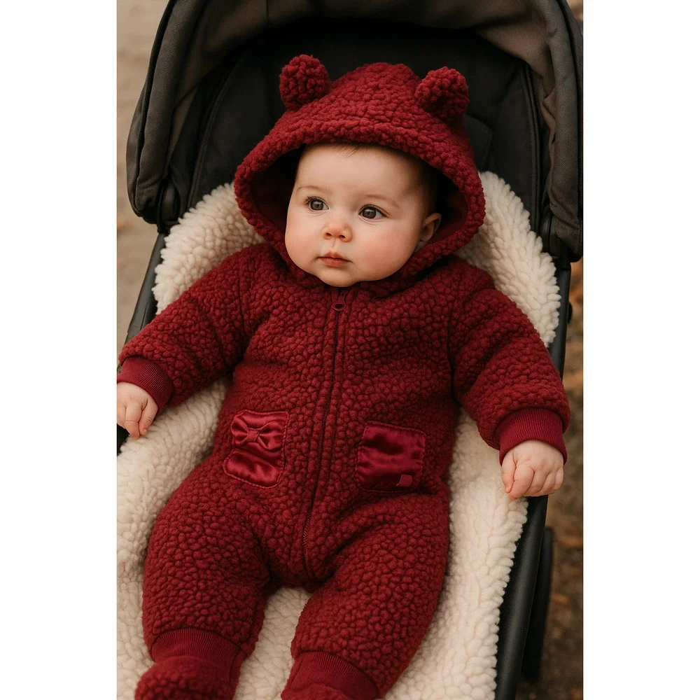 7 For All Mankind Faux Shearling Hooded Coverall | Cranberry Red | Size 0-3M